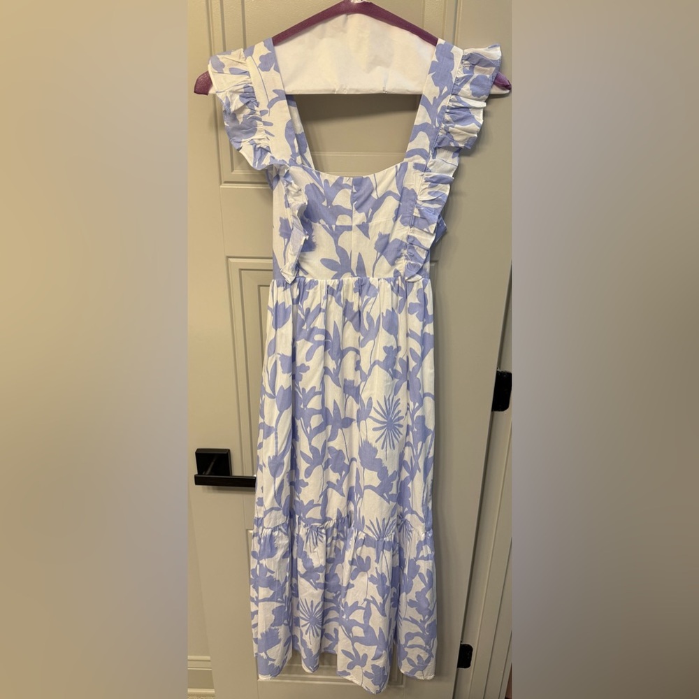 Aakaa Floral Ruffle Sleeve Dress - Blue and White